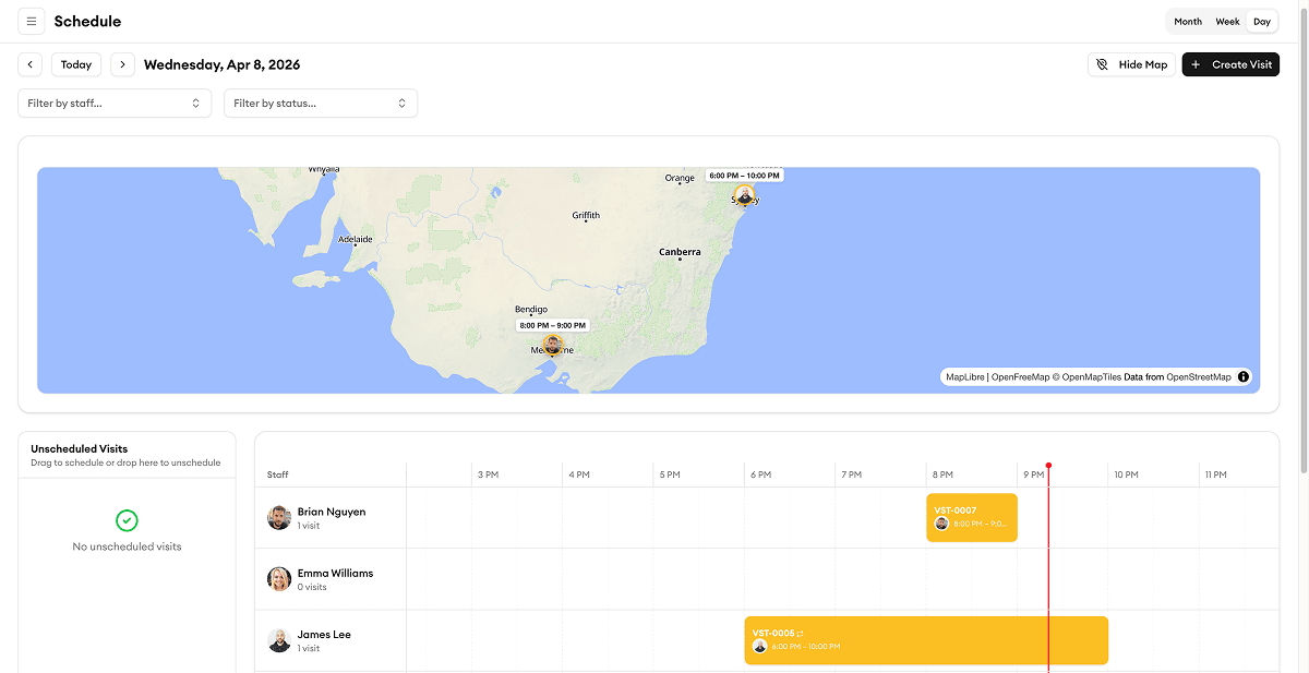 Homitask job scheduling dashboard showing drag-and-drop calendar with assigned crew and color-coded jobs