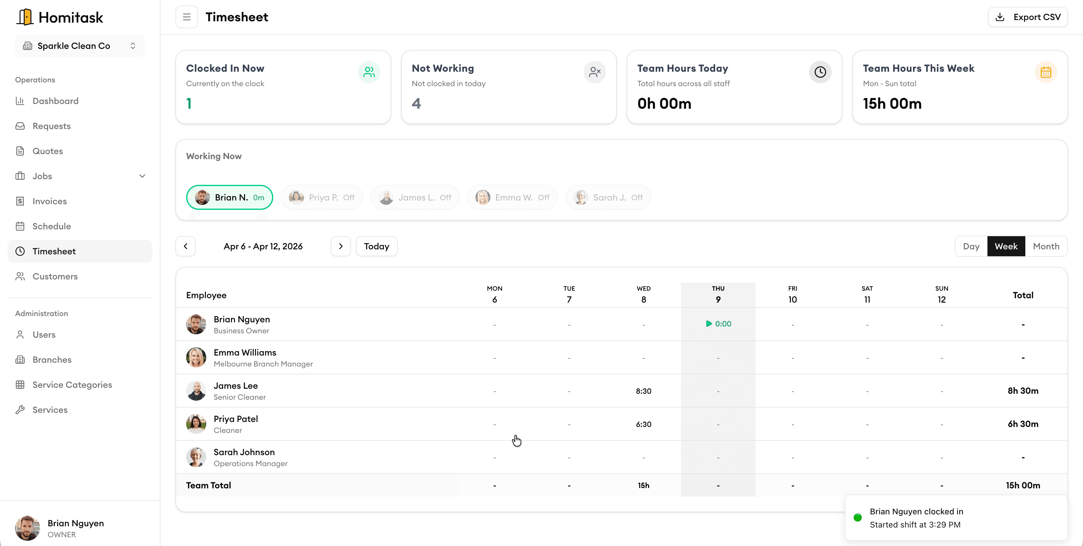Your crew clocks in from anywhere. You see it instantly.