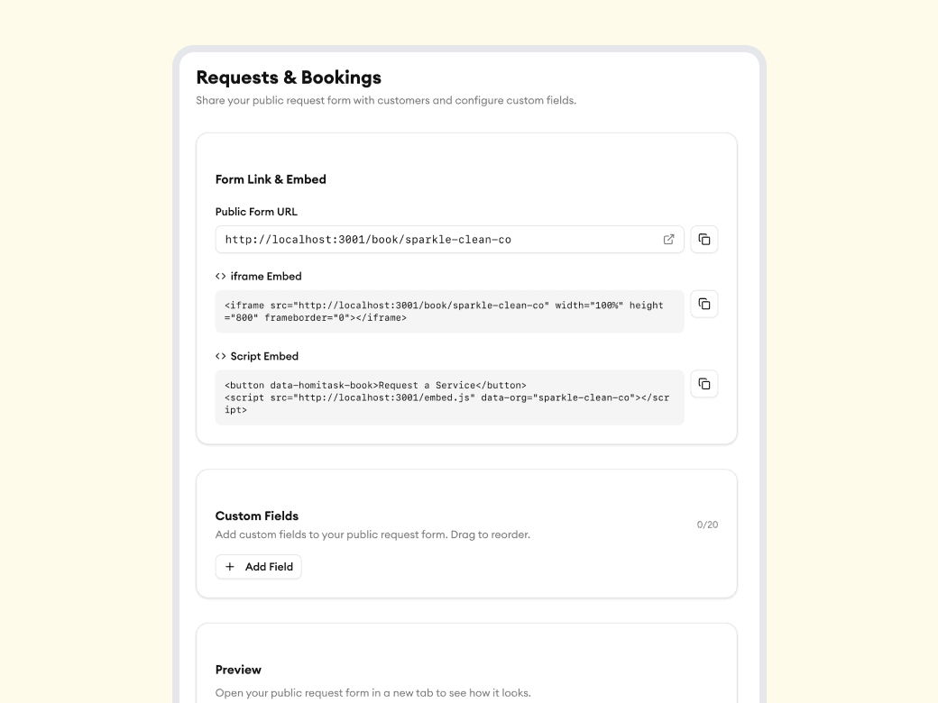 Homitask screenshot — Add booking to your website in minutes