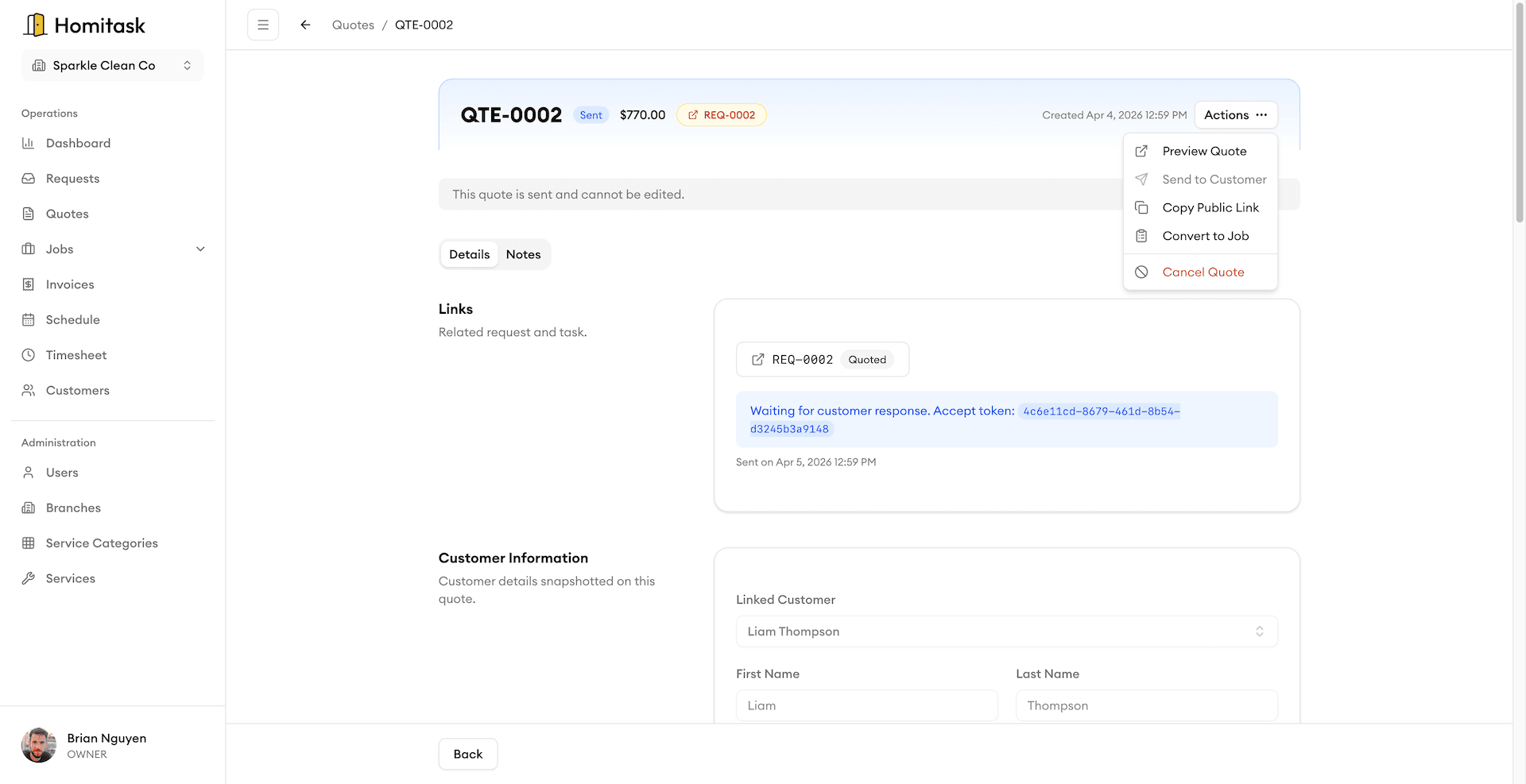 Turn approved quotes into jobs instantly.