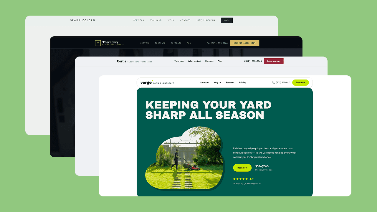 Four Homitask website templates layered over one another, showing the SparkleClean, Thornbury, Certis and Verge designs